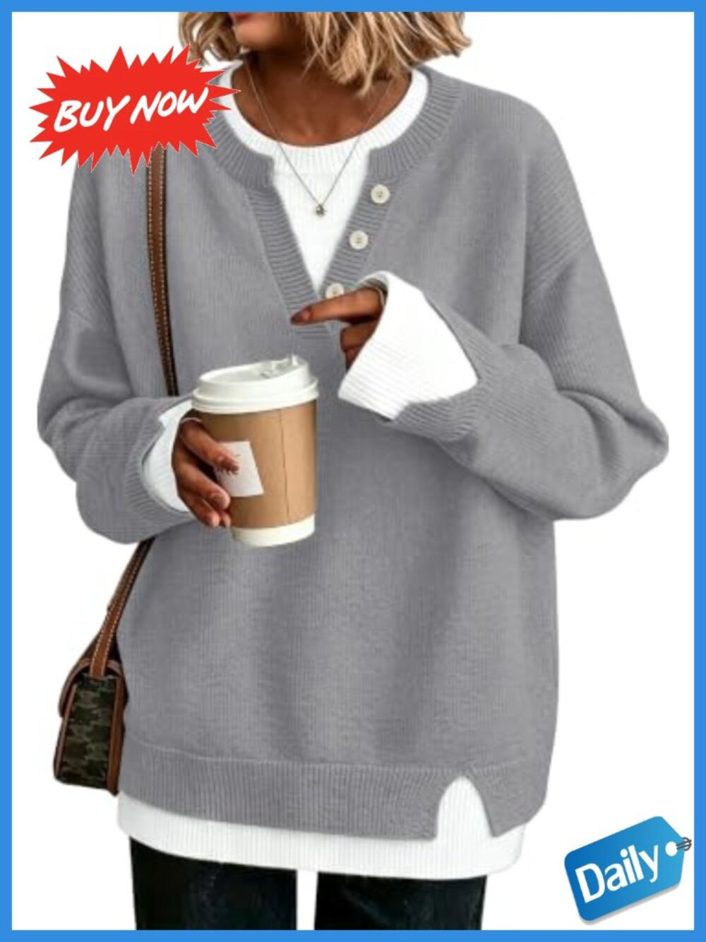 Womens Henley Sweater Pullover Loose Fit Knit Top Fall Office Teacher
